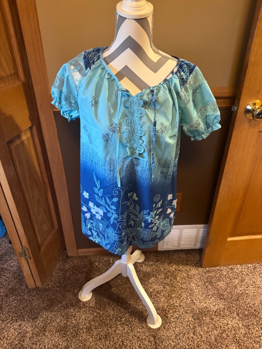 Blue Gradient Floral Peasant Top